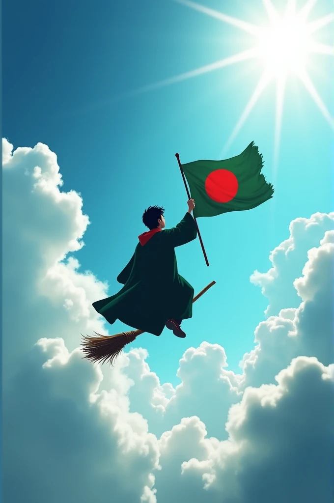A Harry potter type figure holding the flag of Bangladesh in the sky like playing quidditch. We don't see his face. We see his back