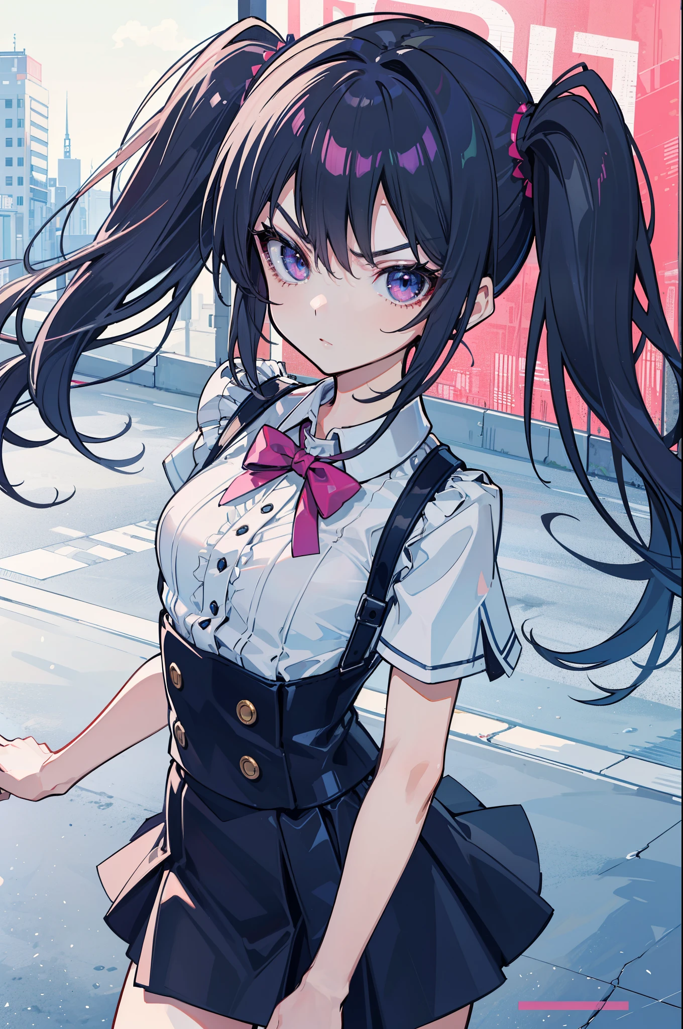 (best quality:1.2), (highest quality:1.2), (perfection:1.1), (flawless:1.1), urban street, 1girl, crazy girl, (dominant look, serious look:1.2), short height, blouse, short skirt, twin tails hair, small breasts, (best quality eyes:1.1), highly detailed, 8k, best quality resolution, (most beautiful upscale:1.1)