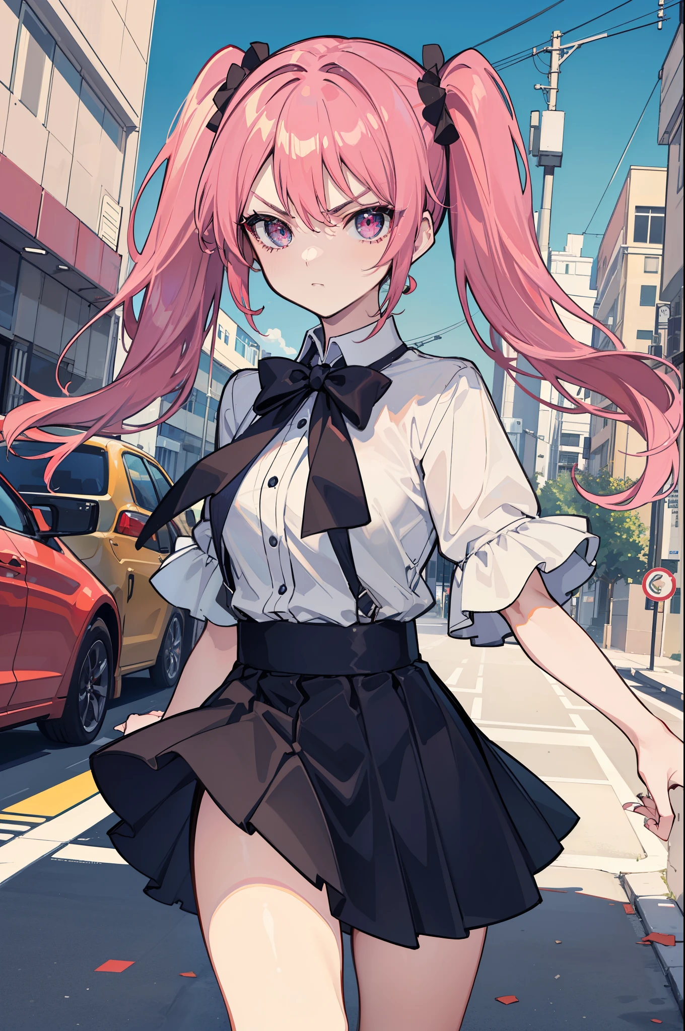(best quality:1.2), (highest quality:1.2), (perfection:1.1), (flawless:1.1), urban street, 1girl, crazy girl, (dominant look, serious look:1.2), short height, blouse, short skirt, twin tails hair, small breasts, (best quality eyes:1.1), highly detailed, 8k, best quality resolution, (most beautiful upscale:1.1)