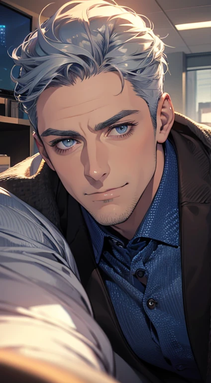 (best quality,4k,8k,highres,masterpiece:1.2),ultra-detailed,(realistic,photorealistic,photo-realistic:1.37),1 man,31 years old,mature man,very handsome,without expression,smile,short grey blue hair,blue eyes,penetrating gaze,perfect face without errors,imposing posture,businessman,office background,cinematic lighting,hdr image