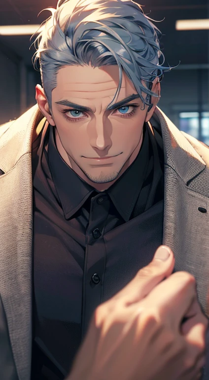 (best quality,4k,8k,highres,masterpiece:1.2),ultra-detailed,(realistic,photorealistic,photo-realistic:1.37),1 man,31 years old,mature man,very handsome,without expression,smile,short grey blue hair,blue eyes,penetrating gaze,perfect face without errors,imposing posture,businessman,office background,cinematic lighting,hdr image