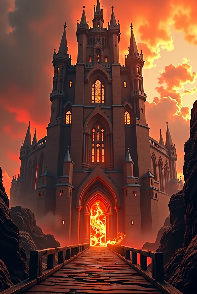 an imposing tower with a striking aesthetic linked to the element of fire. The structure is grand and imposing, with a facade that combines elements of Gothic and medieval architecture. The tower has tall spires and a robust appearance, which emit an aura of strength and power. The walls are a dark reddish tone, suggesting the presence of fire and creating an impression of heat and intensity. Details of carved flames and symbols associated with fire adorn the facade, and the building is often described as radiating a warm, vibrant energy. Tall, narrow windows let in light, and the building is surrounded by an environment that reflects the elemental nature of the house. At the entrance there is a wooden bridge that leads to the entrance door, under this bridge there are sharp and black stones