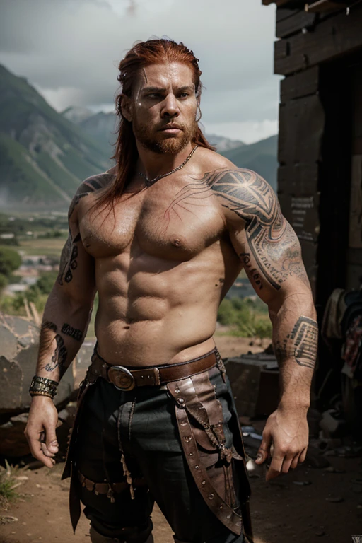 
A formidable warrior of muscular build, adorned with tribal tattoos that extend across his arms and chest. With red hair, his face shows battle scars, and his gaze is intense and determined. He wears light leather and metal armor that allows him to move with agility in combat.. The environment suggests that you are in a battlefield or a mountainous area., with a gloomy and tense atmosphere that highlights its imposing presence.

