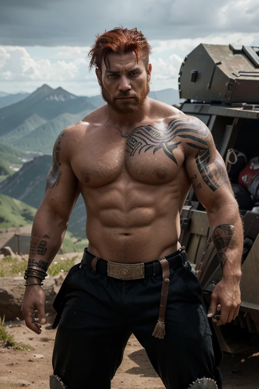 
A formidable warrior of muscular build, adorned with tribal tattoos that extend across his arms and chest. With red hair, his face shows battle scars, and his gaze is intense and determined. He wears light leather and metal armor that allows him to move with agility in combat.. The environment suggests that you are in a battlefield or a mountainous area., with a gloomy and tense atmosphere that highlights its imposing presence.

