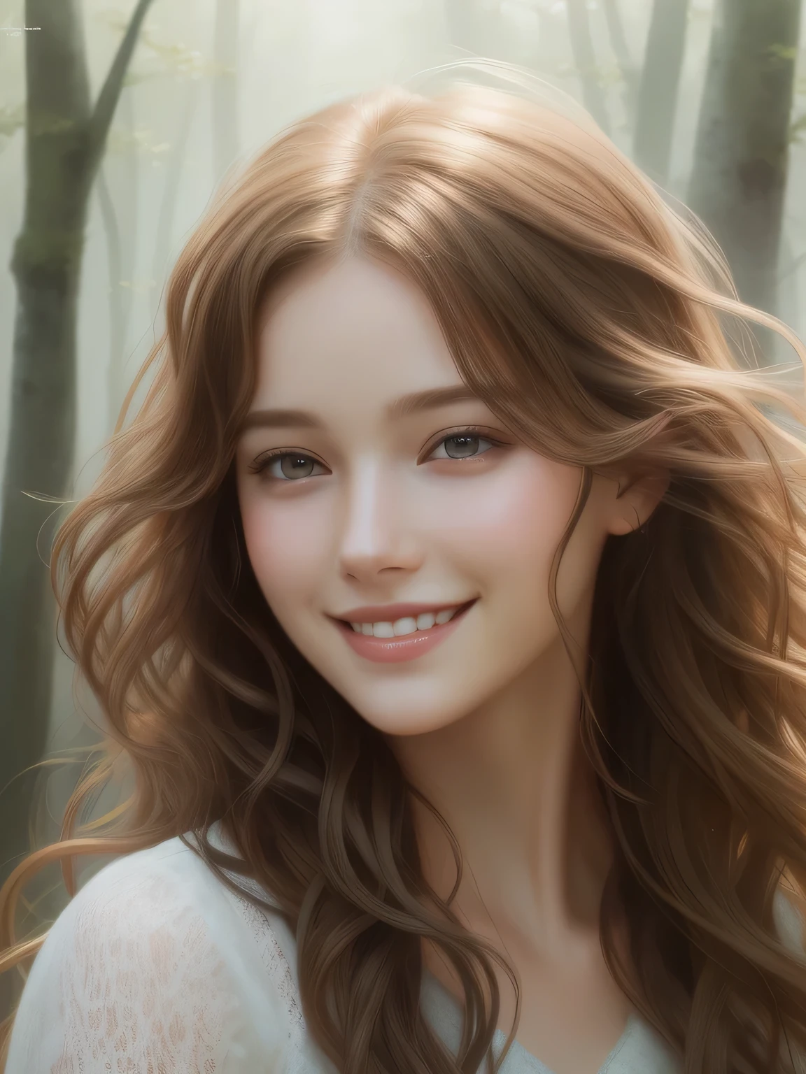 Close-up head, To the camera, 1 girl, Realistic digital painting of a 
woman, portrait, Cute Smile, (Wavy Hair:1.1), The morning sunlight shines through the misty forest, (Highly detailed skin:1.2), masterpiece, highest quality, 