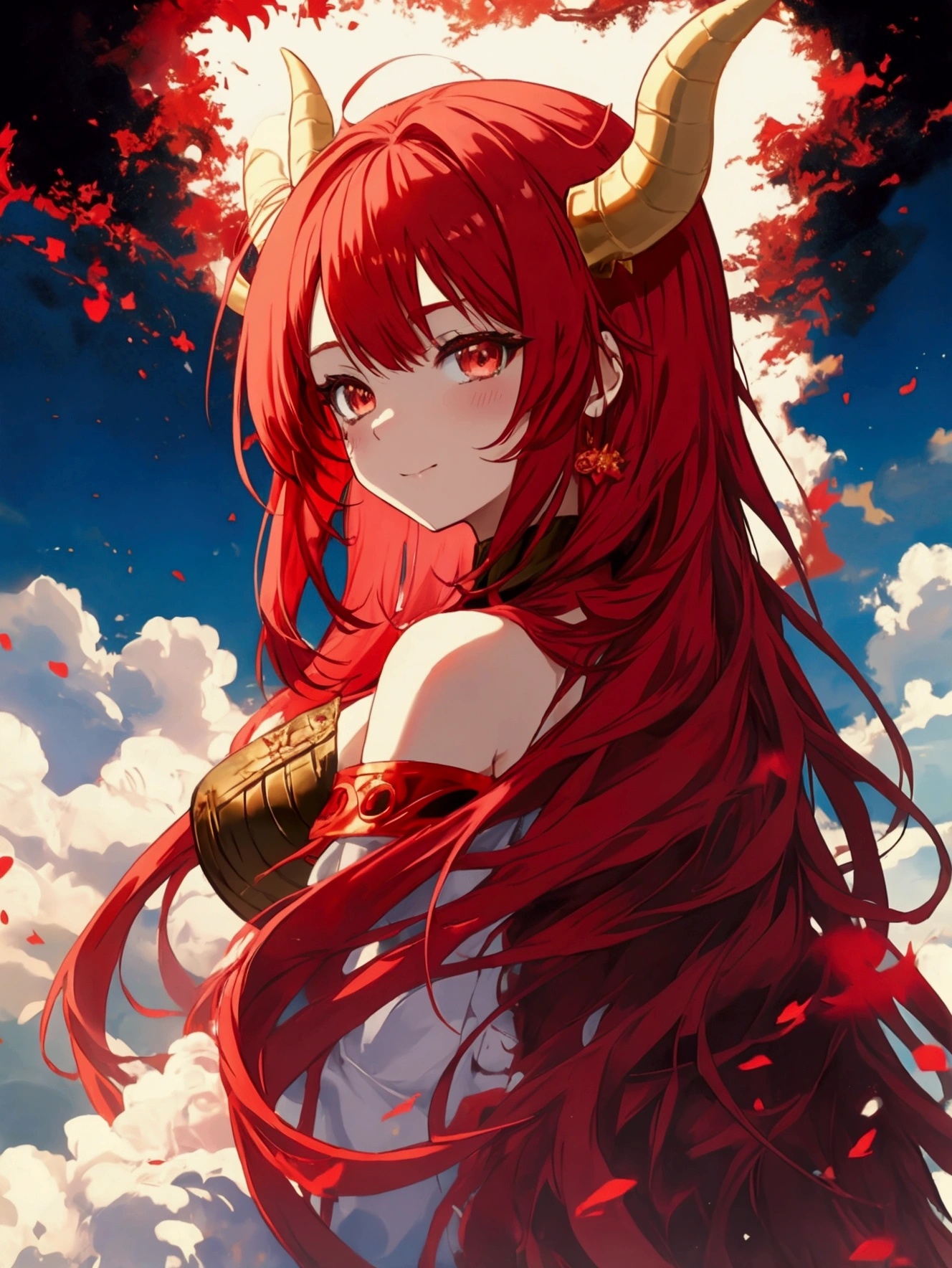 Anime Dragon girl. Red hair. Dragon horns and tail. standing on the hill. Soft smile. Red dragon in the backgraund.