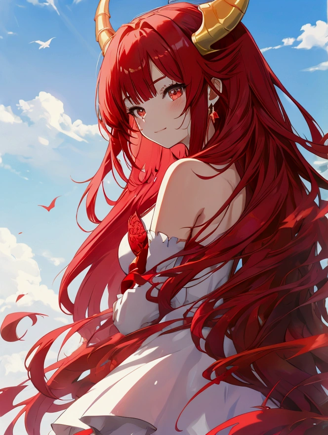 Anime Dragon girl. Red hair. Dragon horns and tail. standing on the hill. Soft smile. Red dragon in the backgraund.