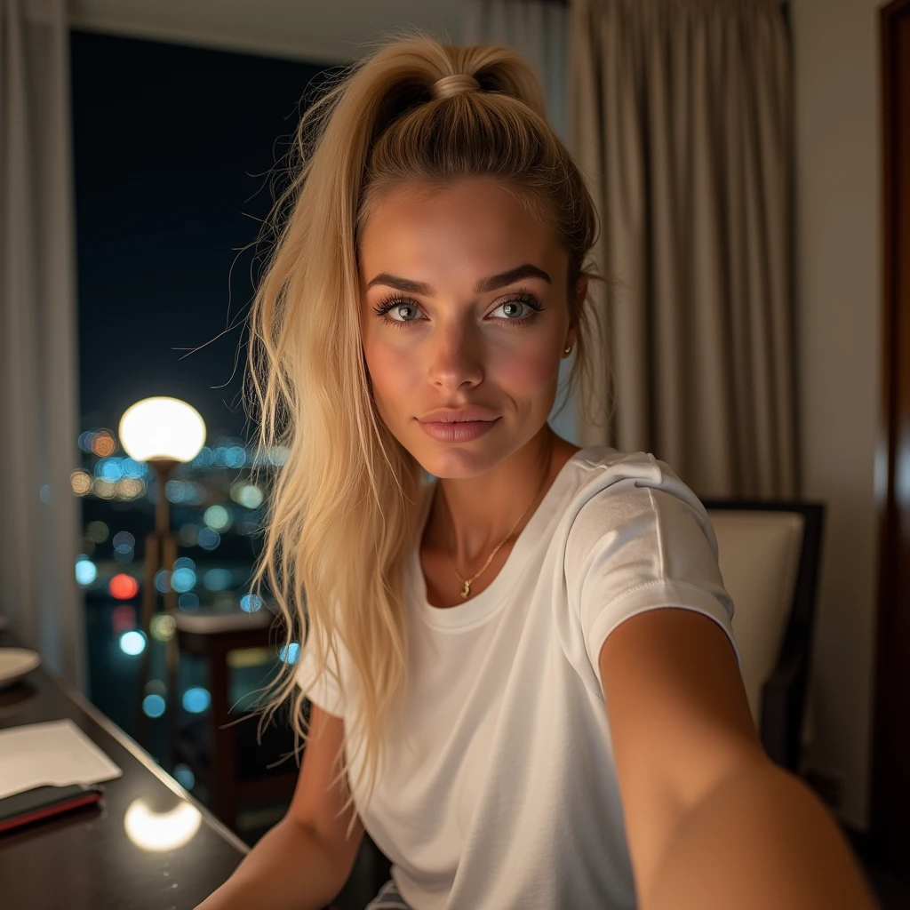 Blonde bombshell , ponytail hair, wearing a large white tshirt, sitting on an office in a hotel room and taking a closeup selfie at night