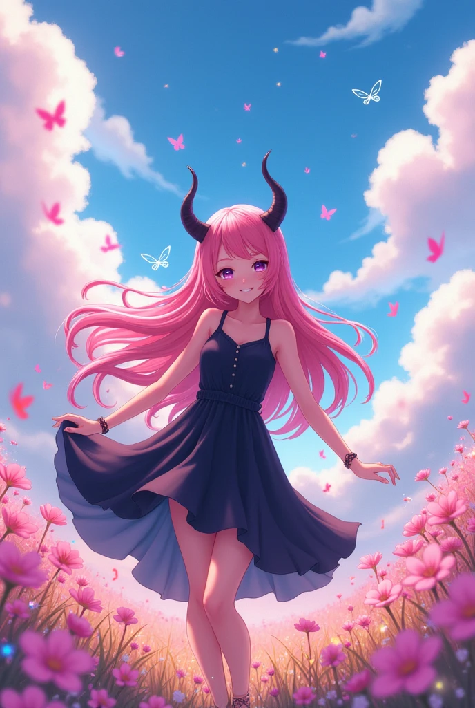   with bubblegum pink hair, two black horns and a loose black dress Anime version