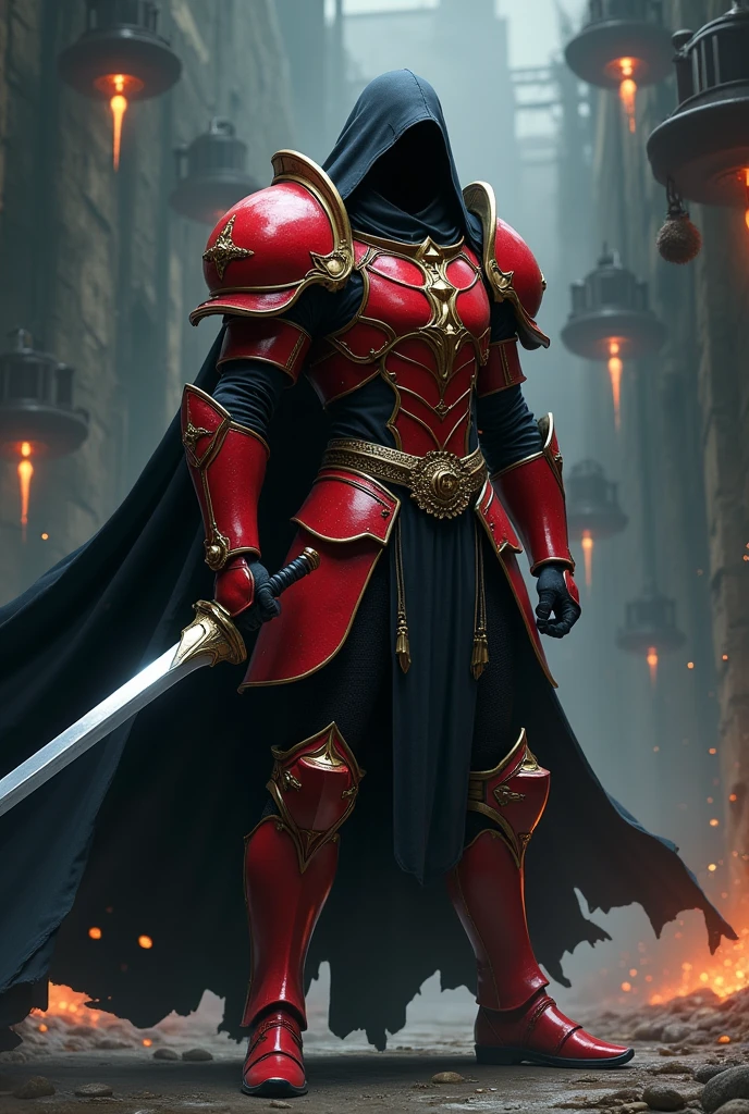 Assasin wielding a katana sword with drones flying around him,Jet propelled flying drone,The drone's hidden compartment in the tip allows it to fire missiles., fallen knight, from arknights, gothic knight, evil knight, Style of wlop, fantasy knight, knight, emperor, dark souls knight, Red plated armor, Wear heavy armor with a robe., Heavy red armor with gold trim, smooth cg anime art, Artorias, Red glowing sword,