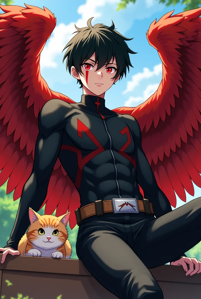 Create a boku no hero academia character - comic panels of a male 16 year old boy. he has black short hair with white features to it. He has red eyes. hes wearing a hero costume which is mostly black. also he has pretty pale skin and big red wings like hawks. he also has piercings on his eyes. he is on campus. also he has a scar that looks like a cross on his left eye and burn scars on the right side of his face. He is infront of the Ua sitting on a bench with a cat.