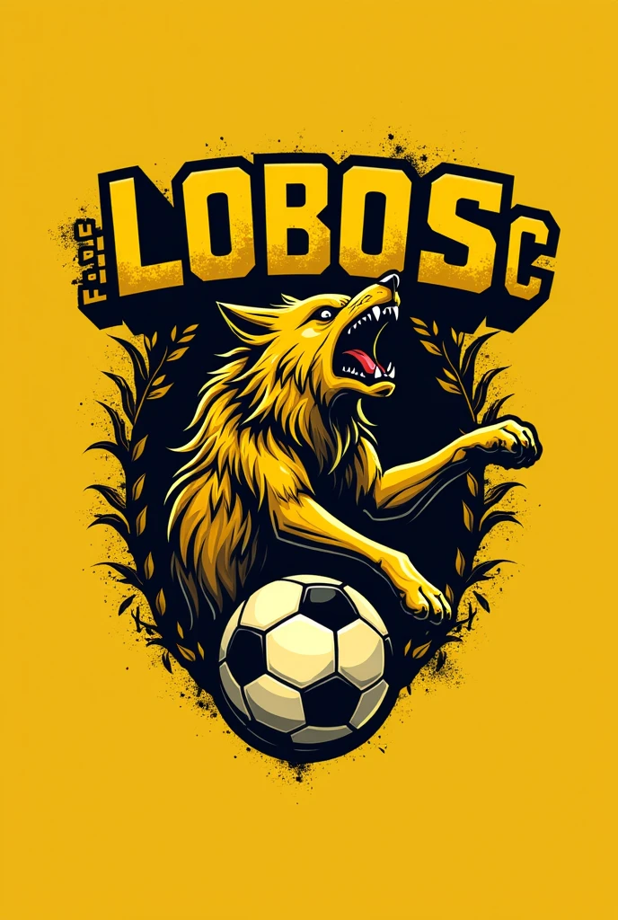Create a logo for a yellow soccer team, in the center there should be a ball split in half and in the middle a fierce wolf coming out, the logo should say: LOBOS FC
