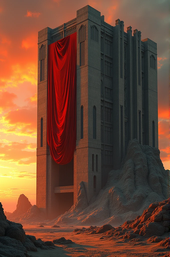 generate an art deco image of a brutalist building scene inspired by HR Giger and hyperrealistic, large red canvases, photographic quality, realistic image , sunset lighting, surrealism and large red canvases or tapestries, Something sad.