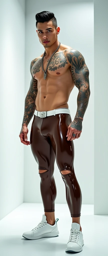 Fullbody standing picture of white skin Handsome muscular nude horny sexy gay man wearing skinny tight shiny brown latex ripped tights, shiny black Disconnected Pompadour oiled hair style, blue eyes, shiny varnished white shoes, white belt, red lip, chain, tattoos, horny, cum shot, sperm, milking penis, very big penis, very big testicle, shiny oiled skin, orgasm, oversexed, masturbation, standing at white lighting show room.