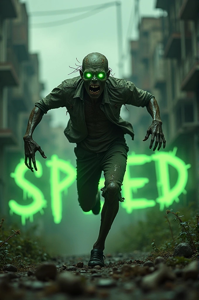 Zombie running fast with green "speed" text