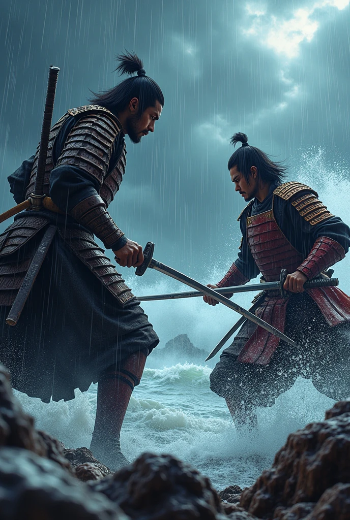 Miyamoto Musashi and Sa々Kikojiro fought a duel with Ganryu at Ganryu Island。A fierce battle。The thunder roars、Both were badly injured