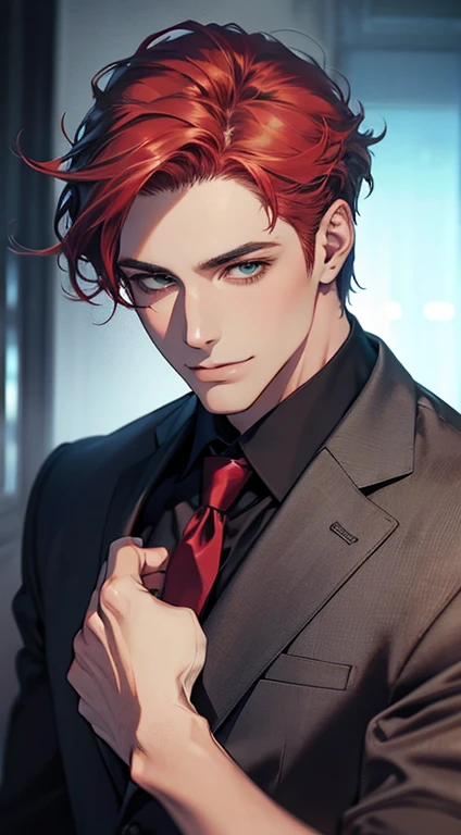 (Highest quality,4K,8K,High resolution,masterpiece:1.2),Super detailed,(Realistic,photoRealistic,photo-Realistic:1.37),1 person,31 years old,Mature Men,Beautiful skin、very handsome,Expressionless smile in love,Short gray red hair,green eyes,Sharp Eyes,A perfect face without a doubt,Businessman,Office Background,Cinema Lighting,HDR image,tie、