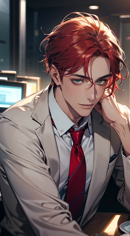 (Highest quality,4K,8K,High resolution,masterpiece:1.2),Super detailed,(Realistic,photoRealistic,photo-Realistic:1.37),1 person,31 years old,Mature Men,Beautiful skin、very handsome,Expressionless smile in love,Short gray red hair,green eyes,Sharp Eyes,A perfect face without a doubt,Businessman,Office Background,Cinema Lighting,HDR image,tie、