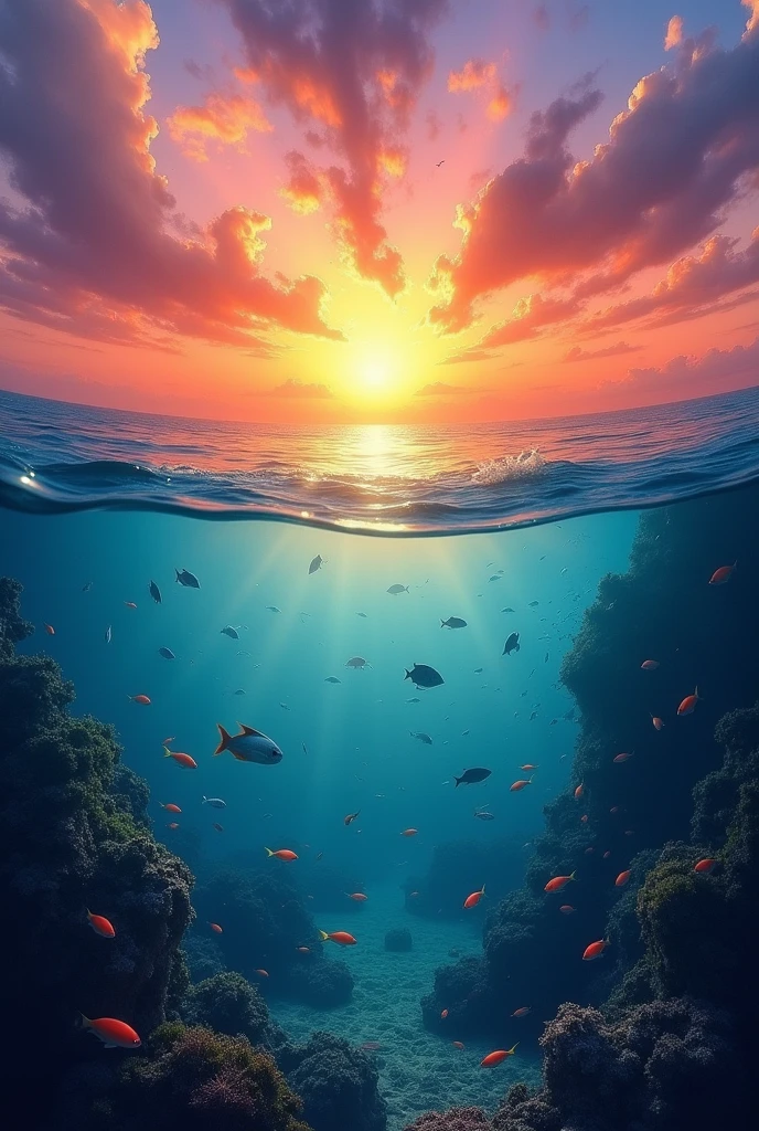 Create for me a sunset sea with fish