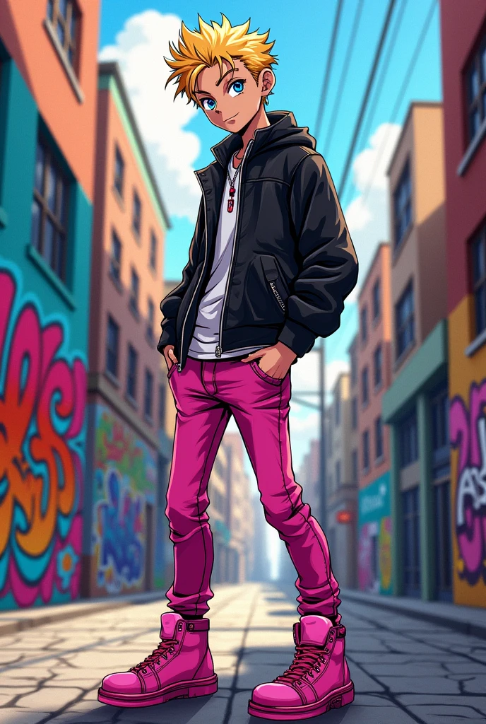 Boku no Hiro Stroke, clothes a black jacket, jeans pink shoes, Short blonde spiky hair, blue colored eyes, pink blouse