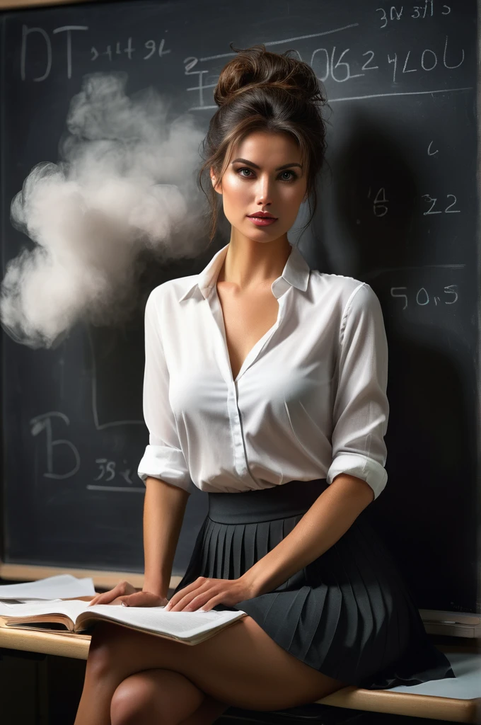 advertising poster style, (solo, full body photo:1.3), (shushing:1.3), (haze, fog, mist:1.3), chiaroscuro, AnalogRedmAF A stunning woman with messy hair, flirty, sits in a classroom, artwork on the blackboard, short black skirt, unbuttoned white blouse, messy bun, camera,highres, extremely detailed, 1woman,beautiful detailed woman,full body, realistic, light on face, cinematic lighting, perfect eyes Professional, modern, product-focused, commercial, eye-catching, highly detailed