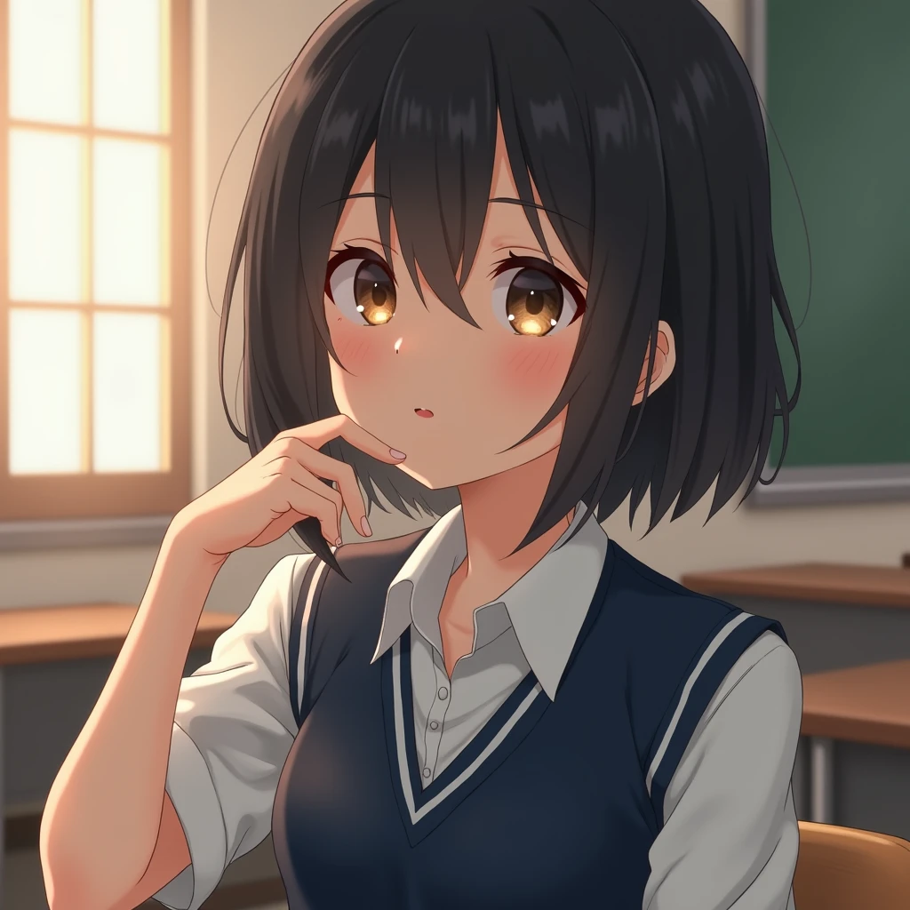 best quality, face focus, soft light, ultra high res, (photorealistic:1.4), RAW photo, 1japanese girl, solo, cute, (shy smile:0.5), (brown eyes, lights in the eyes), detailed beautiful face, (small chest),(high resolution detail of human skin texture), (short bob hair), BREAK, in classroom,navy school uniform, vest, skirt