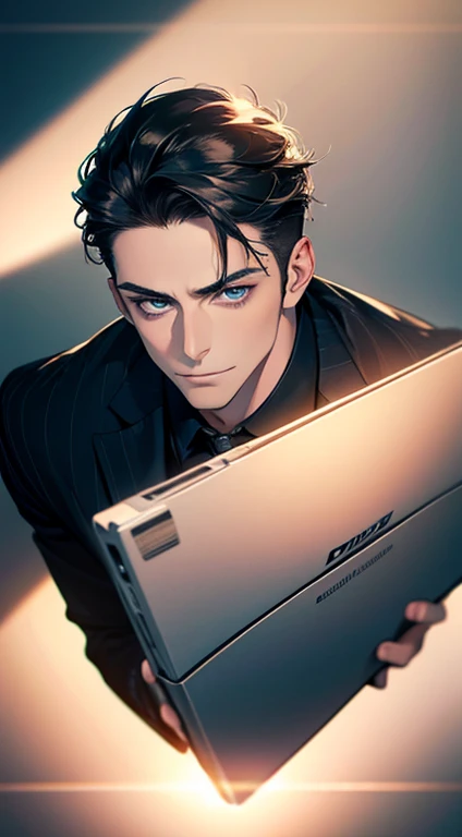 (best quality,4k,8k,highres,masterpiece:1.2),ultra-detailed,(realistic,photorealistic,photo-realistic:1.37),1 man,31 years old,mature man,very handsome,without expression,smile,short grey black hair,blue eyes,penetrating gaze,perfect face without errors,imposing posture,businessman,office background,cinematic lighting,hdr image