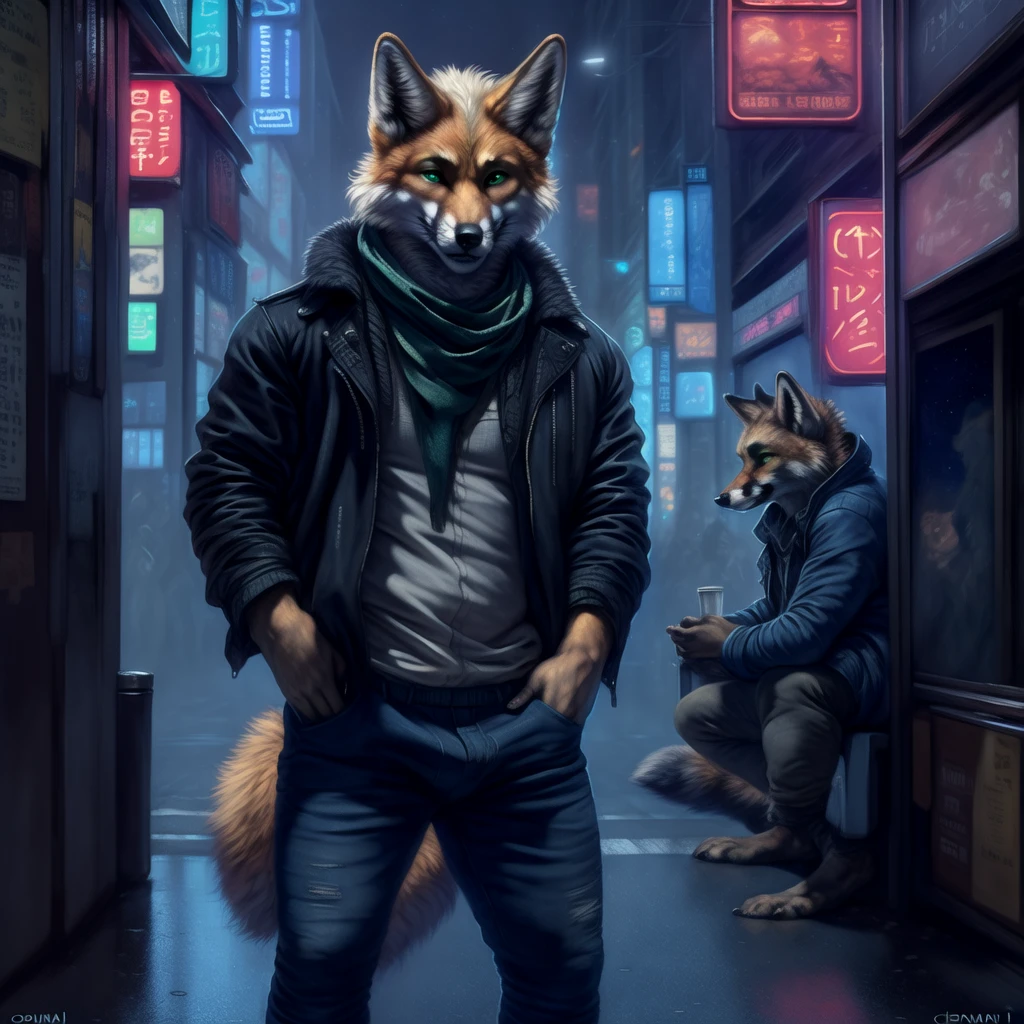 (by oouna, by honovy, by personalami, by clockhands) male, fox, solo, wearing jacket, green eyes, fox mccloud, wearing jacket, pants, scarf, fancy, black shirt, night, city, tokyo, street, akihabara, neon lights