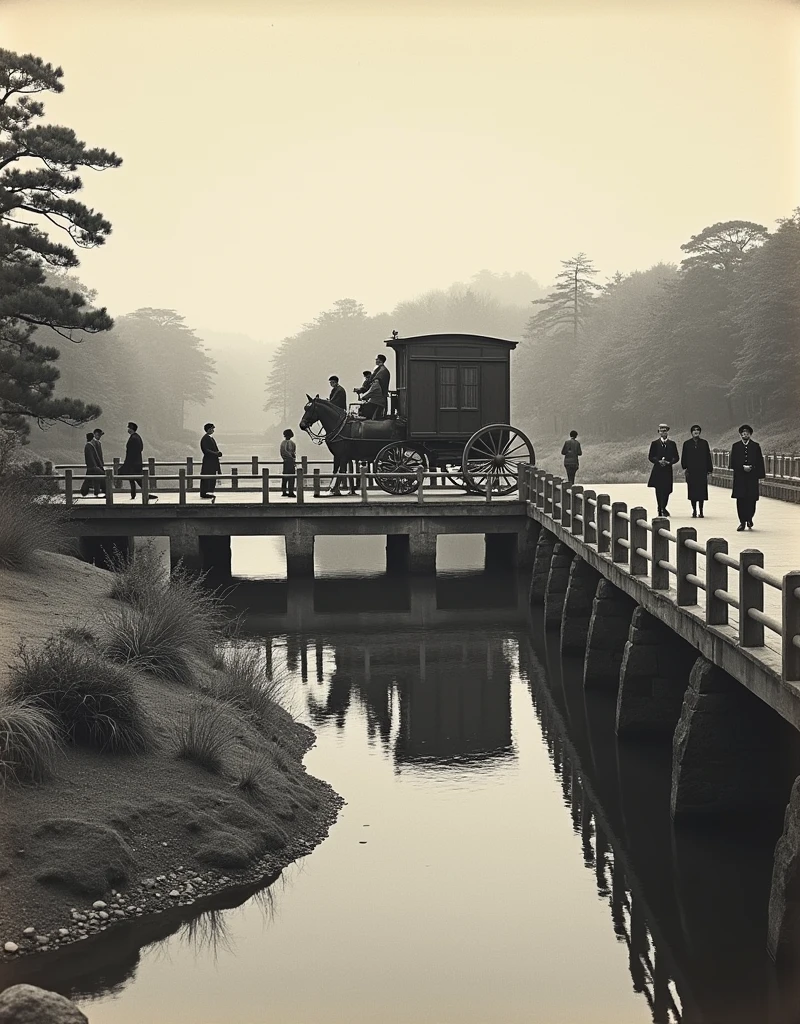 Japan in the Edo period, photo of a big carriage, people passing by a bridge, shoot by time-traveling photographer,