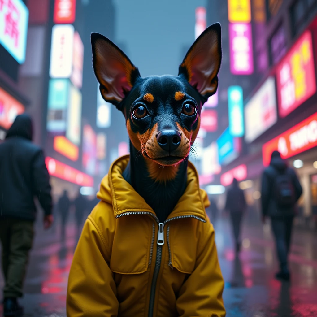 Portrait of a small pinscher dog with a yellow jacket by David Martinez from Cyberpunk 2077 with a cyberpunk theme