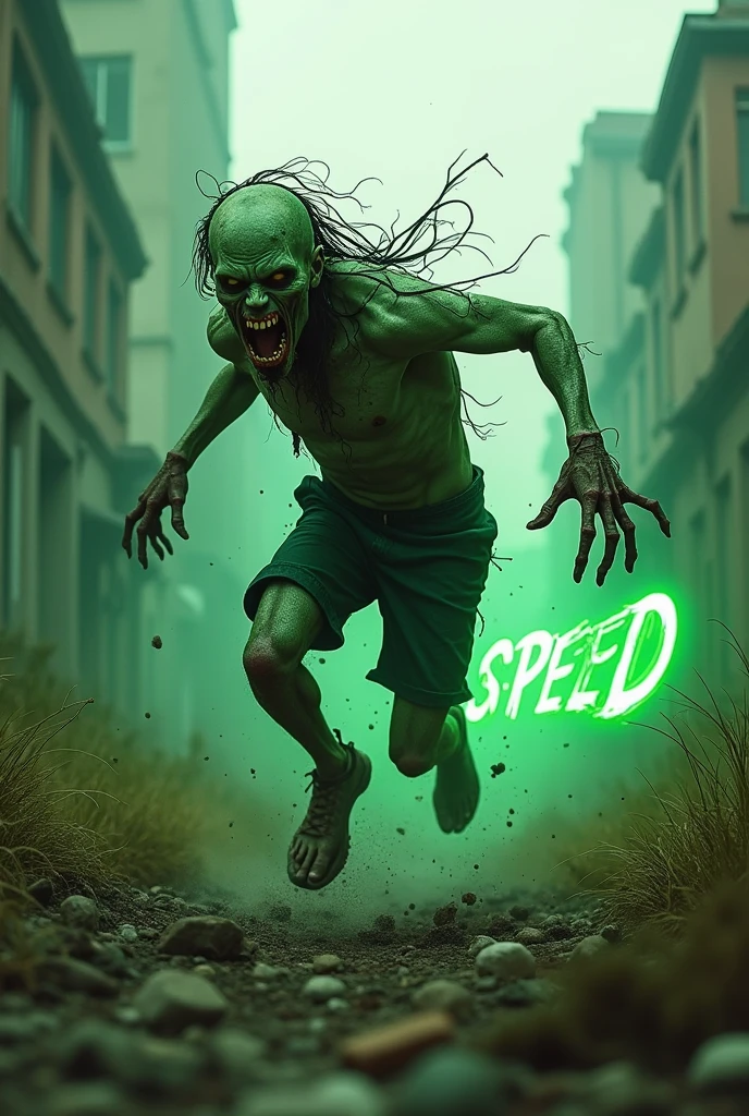 Zombie running fast with green "speed" text