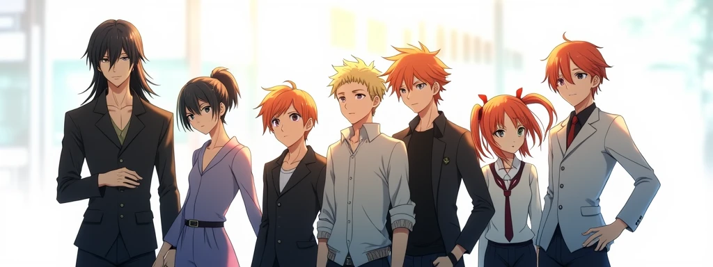 Six people, A guy with long black hair, with grey eyes, Beautiful face, beautiful body, guy with orange hair, blue eyes, girl with very short black hair, black eyes, blond guy with brown eyes, a girl with short orange hair tied up in a ponytail, green eyes, девушка с длинными чёрными волосами и blue eyes, anime art, masterpiece, realistically