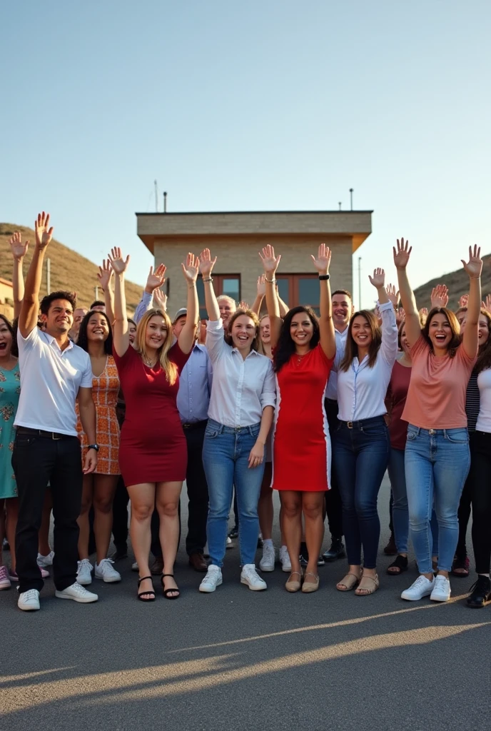 15 people, men and women aged 20 to 50, raising their hands, with different styles of clothing, They are located on a street and in the background there is only one house., and the rest land, People must be of different builds, that is to say, thin, athletic, that they are fat.
The floor should be asphalt, the house of block and roof of slab