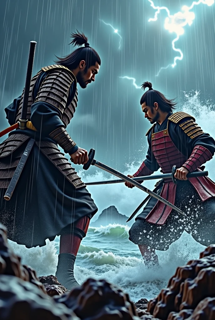 Miyamoto Musashi and Sa々Kikojiro fought a duel with Ganryu at Ganryu Island。A fierce battle。The thunder roars、Both were badly injured