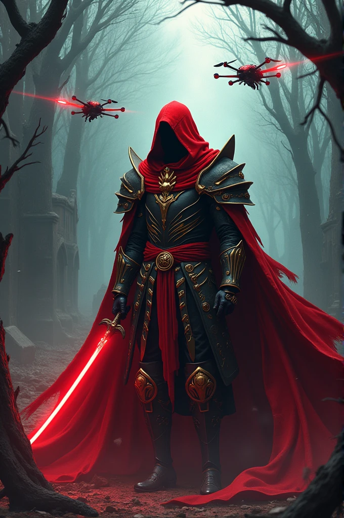Anime Assassin wielding a katana sword with drones flying around him,Jet propelled flying drone,The drones' sharp tips can fire projectiles., fallen knight, from arknights, gothic knight, evil knight, Style of wlop, fantasy knight, knight, emperor, dark souls knight, Red plated armor, Wear heavy armor with a robe., Heavy red armor with gold trim, smooth cg anime art, Artorias, Red glowing sword,