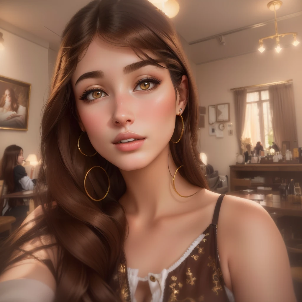 arafed woman with long brown hair and big hoop earrings, portrait sophie mudd, 2 4 year old female model, 🤤 girl portrait, extremely beautiful face, perfect face ), 8k selfie photograph, soft portrait shot 8 k, selfie of a young woman, beautiful aesthetic face, sexy face with full makeup, beuatiful face, face with artgram