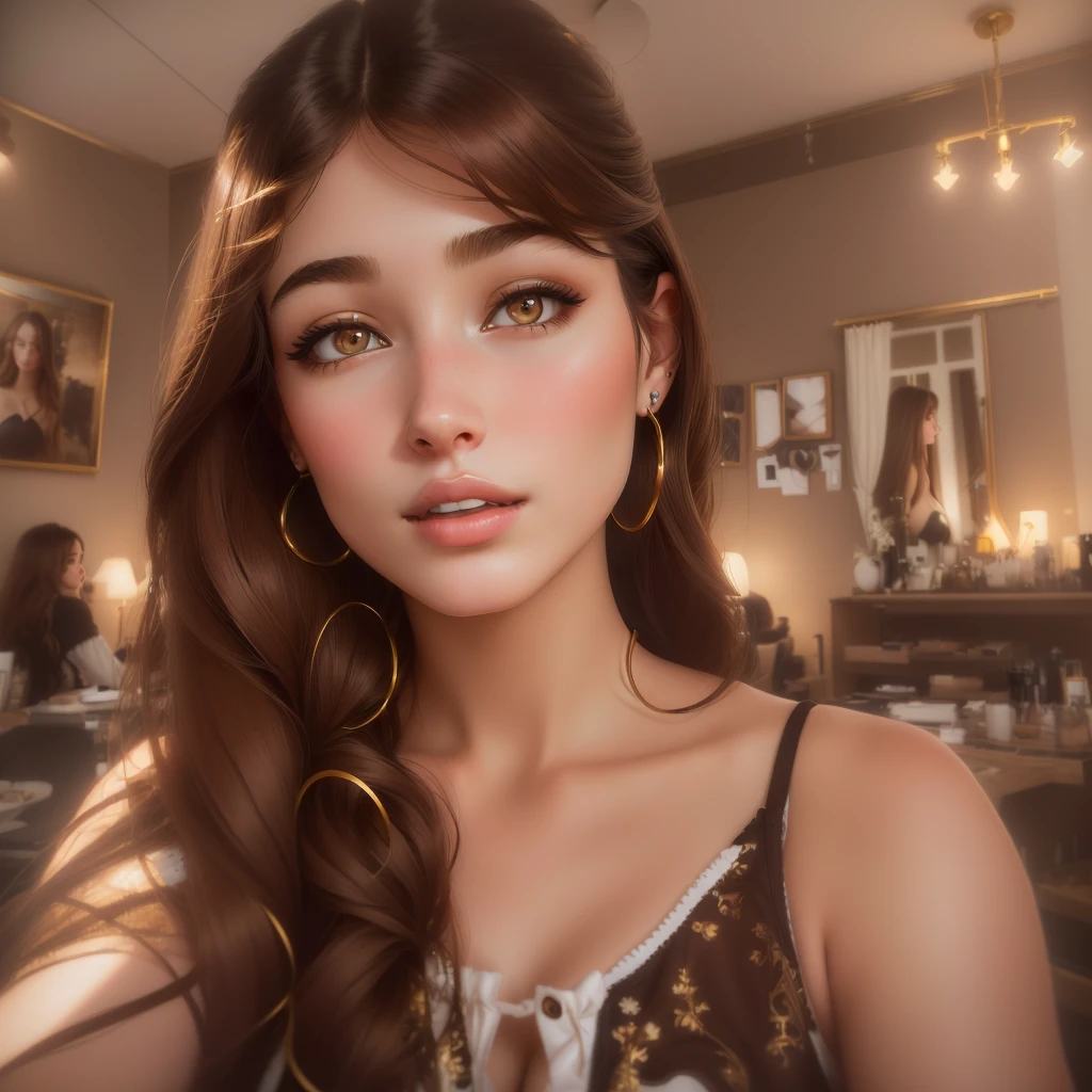 arafed woman with long brown hair and big hoop earrings, portrait sophie mudd, 2 4 year old female model, 🤤 girl portrait, extremely beautiful face, perfect face ), 8k selfie photograph, soft portrait shot 8 k, selfie of a young woman, beautiful aesthetic face, sexy face with full makeup, beuatiful face, face with artgram