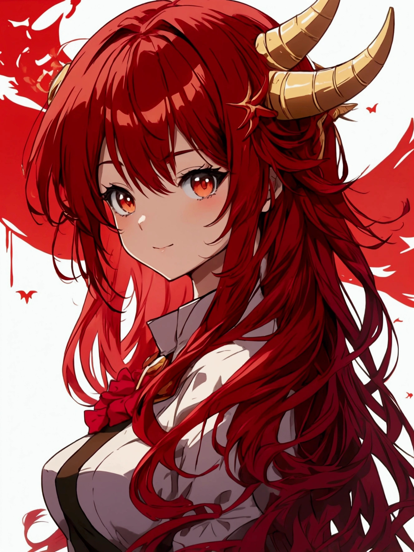 Anime Dragon girl. Red hair. Dragon horns and tail. standing on the hill. Soft smile. Red dragon in the backgraund.