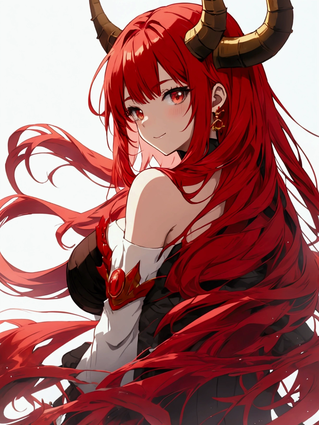 Anime Dragon girl. Red hair. Dragon horns and tail. standing on the hill. Soft smile. Red dragon in the backgraund.