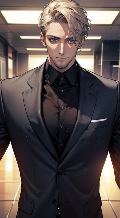 (best quality,4k,8k,highres,masterpiece:1.2),ultra-detailed,(realistic,photorealistic,photo-realistic:1.37),1 man,31 years old,mature man,very handsome,without expression,smile,short grey golden hair,blue eyes,penetrating gaze,perfect face without errors,imposing posture,businessman,office background,cinematic lighting,hdr image