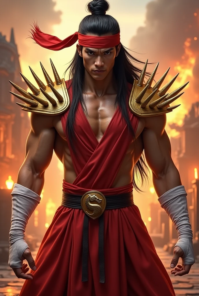 Liu Kang mortal kombat with long hair and a bun a red headband tied so bun, golden shoulder pads with numerous spikes without a shirt, white fingerless gloves beard, with a red top and skirt, without any neck accessories, Belt