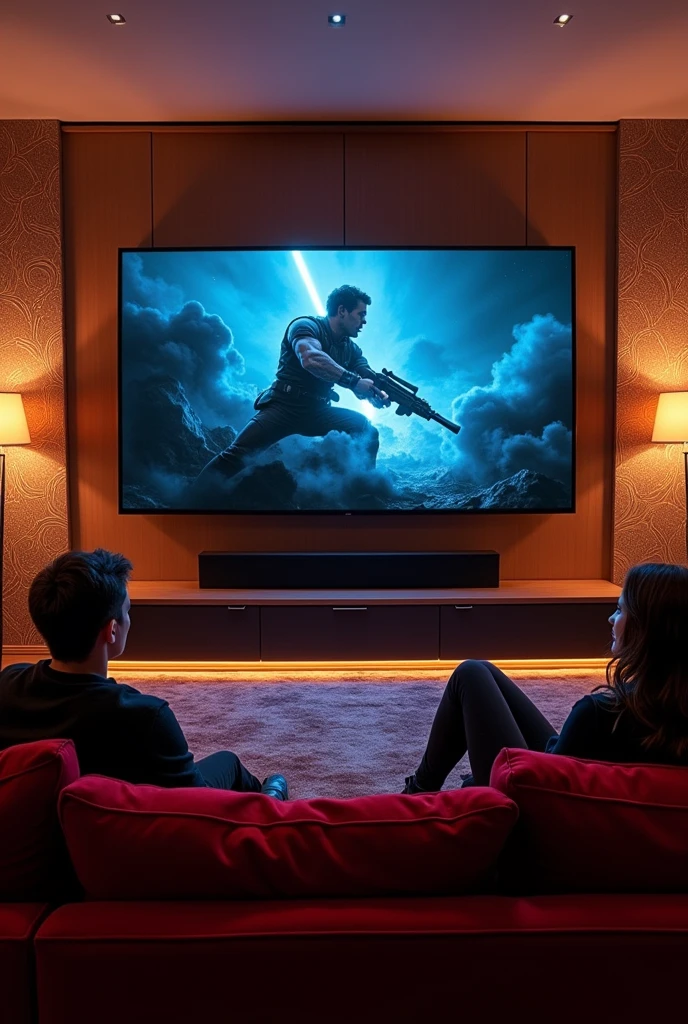 A living room with luxurious sofas and a large screen television, two people watching, TV stand with speakers and speaker system, black oled background, Personal room background, 8k vertical screen wallpaper, 8k vertical screen wallpaper, 4k vertical fabric wallpaper, 4k vertical fabric wallpaper, 8k high quality and resolution, background art, 4k – height 1920 – width 1080