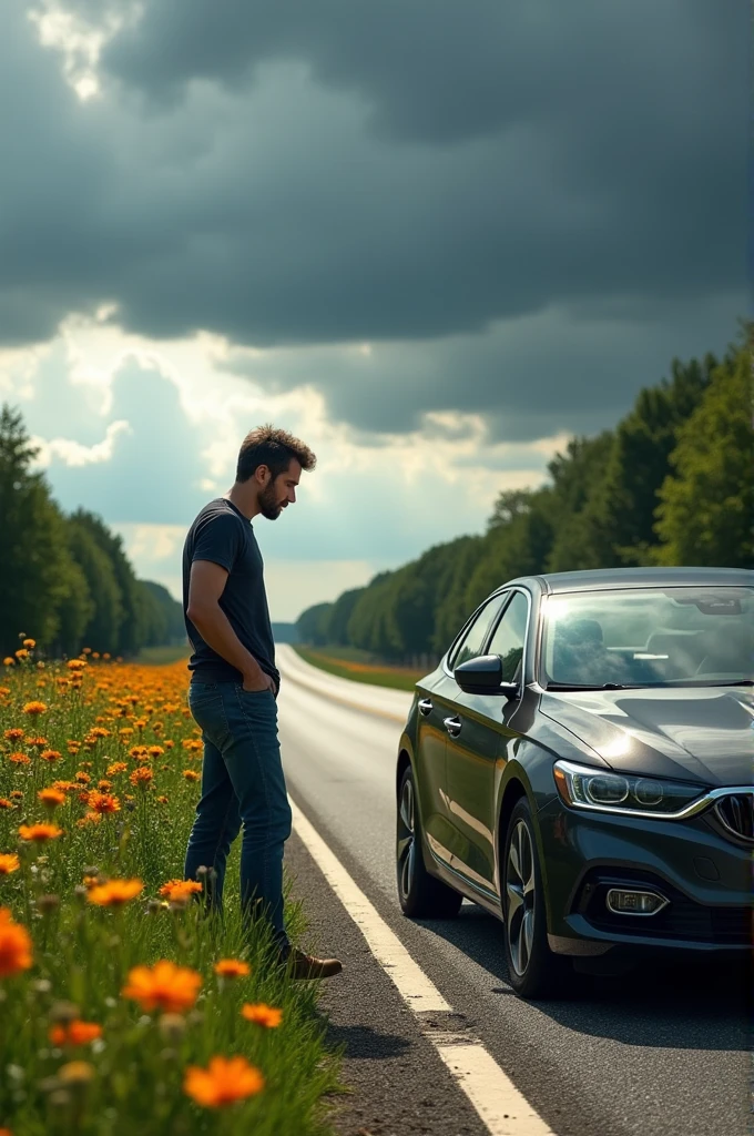 A person angry because their car tire got flat, with the car to the side of the one that looks complete 