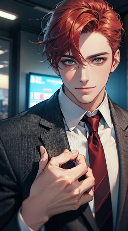 (Highest quality,4K,8K,High resolution,masterpiece:1.2),Super detailed,(Realistic,photoRealistic,photo-Realistic:1.37),1 person,31 years old,Mature Men,Beautiful skin、very handsome,Expressionless smile in love,Short gray red hair,green eyes,Sharp Eyes,A perfect face without a doubt,Businessman,Office Background,Cinema Lighting,HDR image,tie、