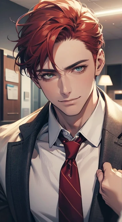 (Highest quality,4K,8K,High resolution,masterpiece:1.2),Super detailed,(Realistic,photoRealistic,photo-Realistic:1.37),1 person,31 years old,Mature Men,Beautiful skin、very handsome,Expressionless smile in love,Short gray red hair,green eyes,Sharp Eyes,A perfect face without a doubt,Businessman,Office Background,Cinema Lighting,HDR image,tie、