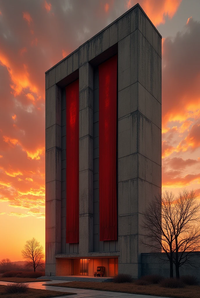 generate an art deco image of a brutalist building scene inspired by HR Giger and hyperrealistic, large red canvases, photographic quality, realistic image , sunset lighting, surrealism and large red canvases or tapestries, Something sad.