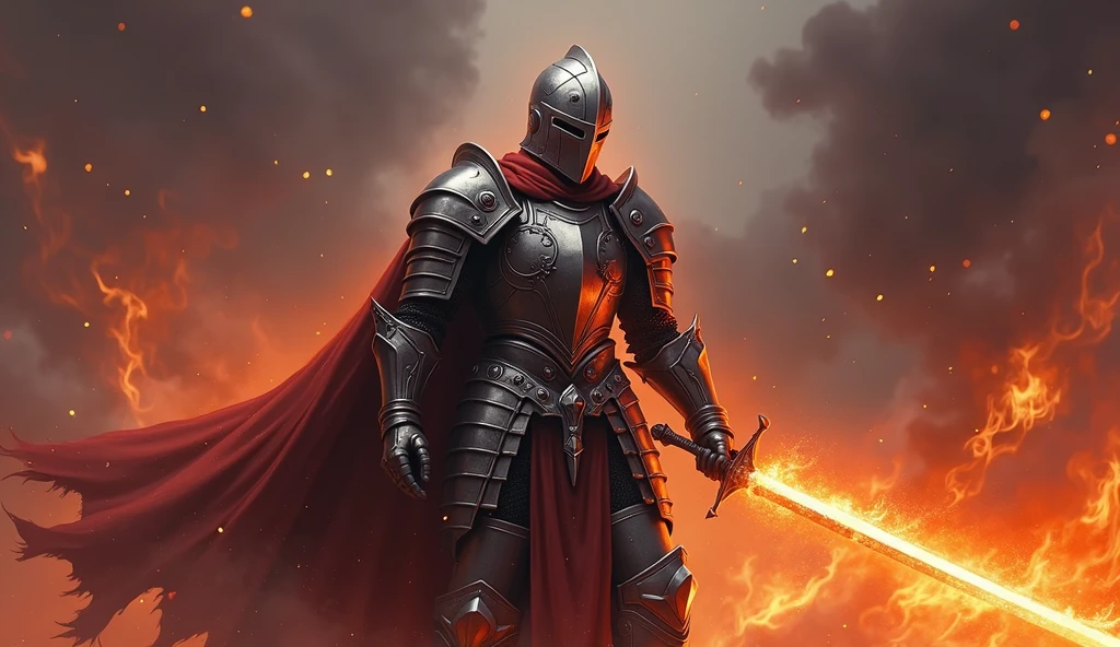Create a high-definition digital illustration in a 16:9 aspect ratio of a knight in full armor standing heroically, holding a fiery sword. The knight should be depicted in a realistic and epic style, with detailed metal armor reflecting the flames surrounding him. The scene should be dark and dramatic, with intense fire and smoke filling the background. Use a vibrant and intense color palette with fiery oranges, reds, and deep purples. The knight's armor should have glowing highlights and a dark, menacing aura, blending realism with a stylized, surreal element similar to the second image provided.
