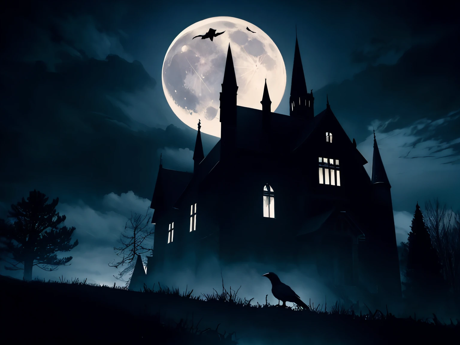 a dark and gloomy landscape, a raven perched on a bare tree branch, a full moon in a cloudy night sky, a gothic mansion in the background, detailed textures and shadows, muted color palette, cinematic lighting, dramatic atmosphere, intricate details, dark fantasy style