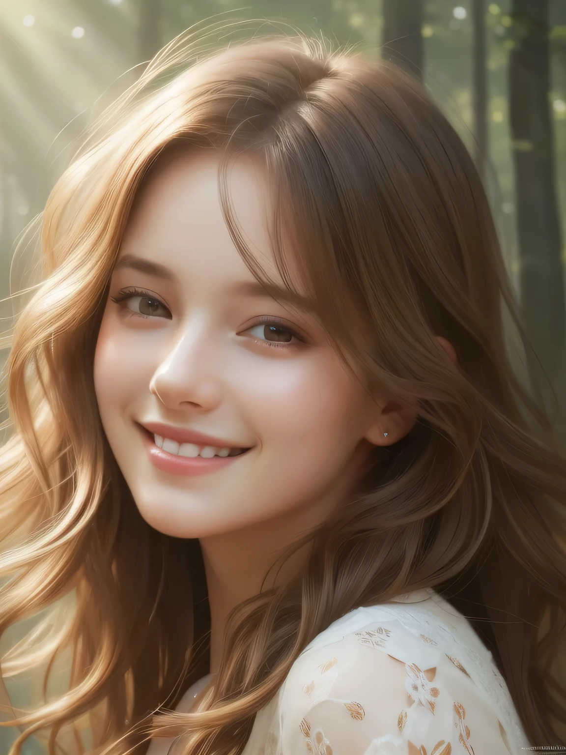 Close-up head, To the camera, 1 girl, Realistic digital painting of a
woman, portrait, Cute Smile, (Wavy Hair:1.1), The morning sunlight shines through the misty forest, (Highly detailed skin:1.2), masterpiece, highest quality,