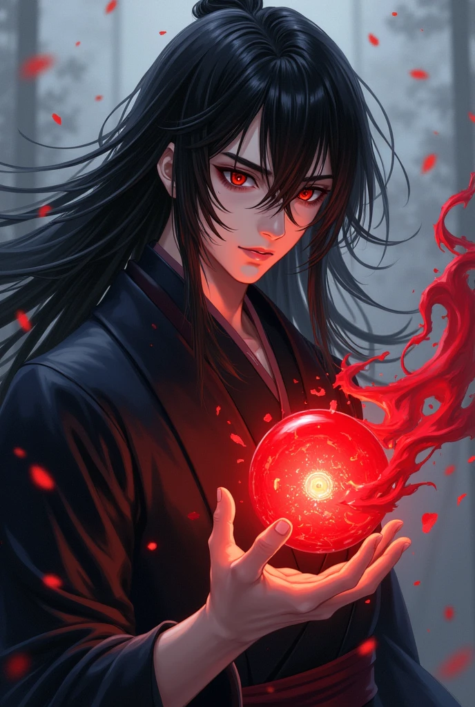 black haired, cold looking man, black eyes, long hair, majestic features, wearing a kimono, holding a glowing red ball of energy in his hand, novel cover.